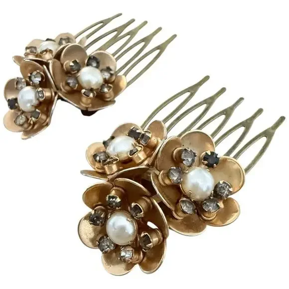 Bridal Floral Hair Combs Gold Flower Pearl Wedding Accessories Vintage Jewelry - Picture 3 of 6